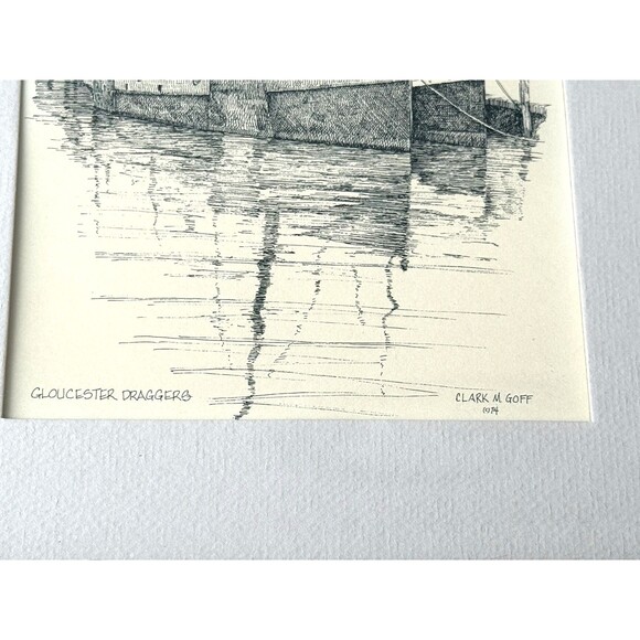 Clark M Goff 1974 Pen Ink Art Gloucester MA Draggers Harbor Scene Vintage - Picture 5 of 5